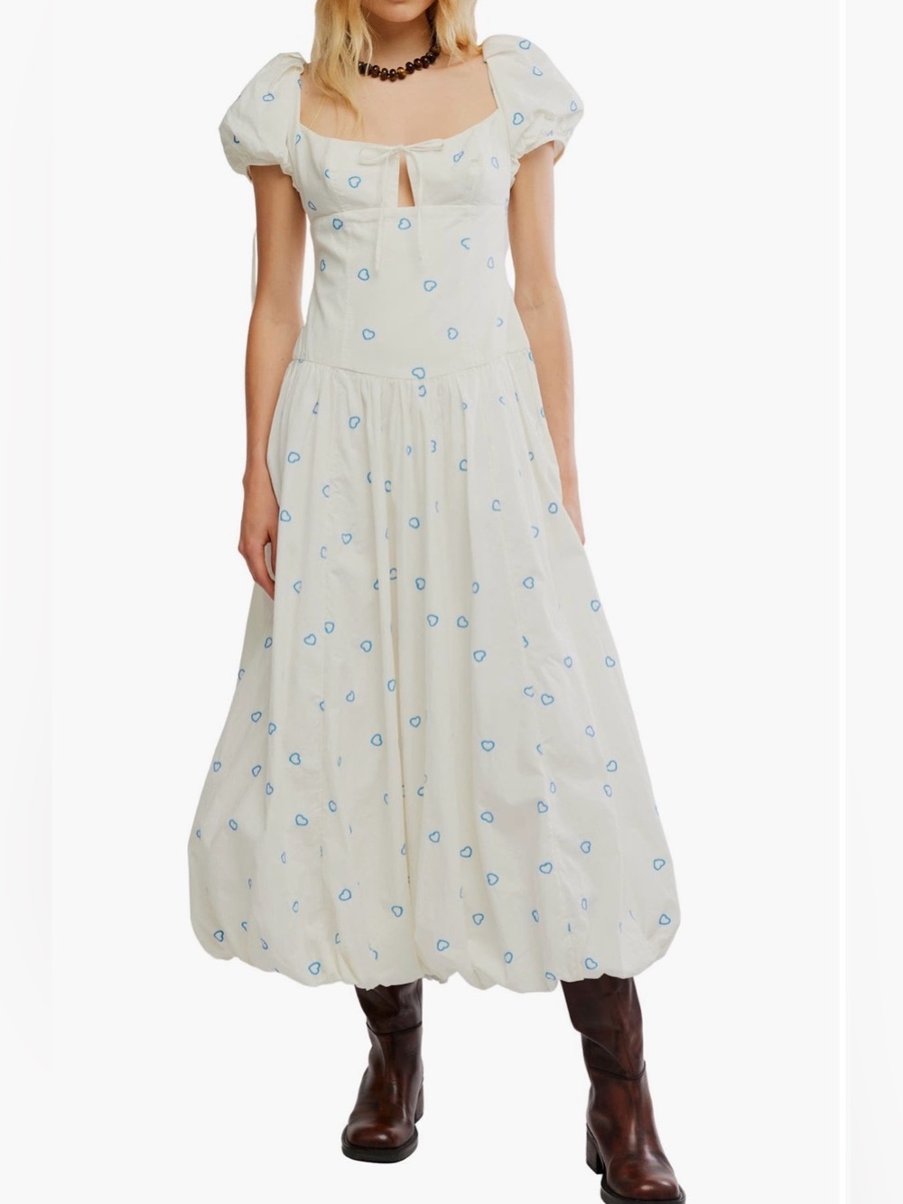 Free People Bali Sprinkled Heart Puff Sleeve Maxi Dress 💯 Cotton NWT